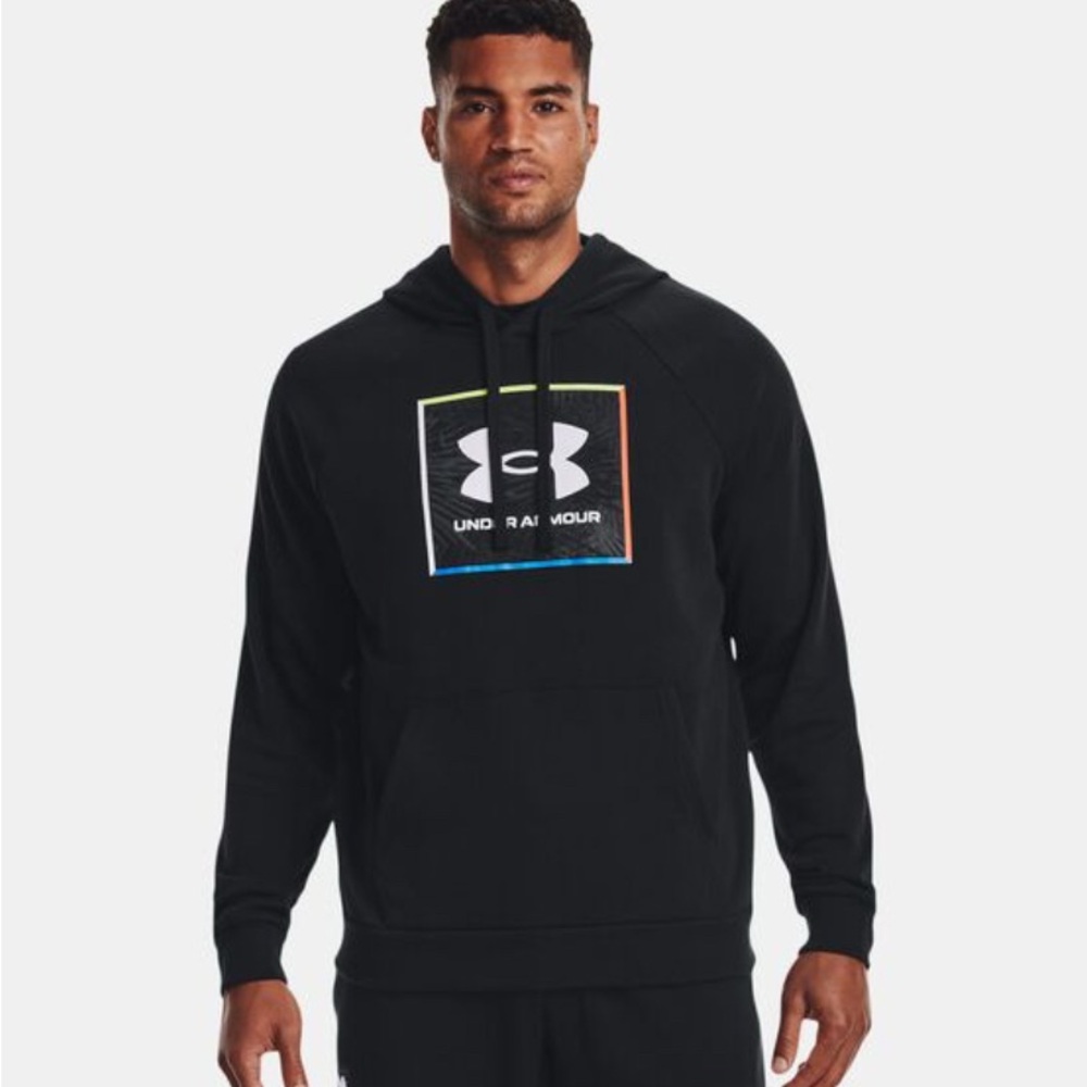 Under Armour Rival Fleece Hoodie Black Logo Graphic Pullover Sweatshirt S Y2K